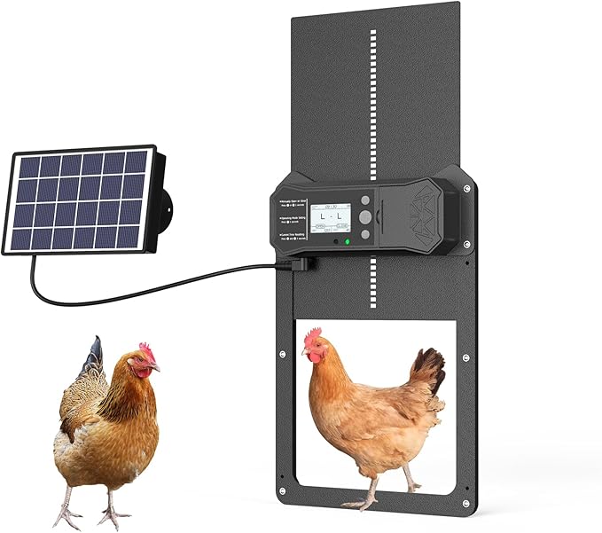 Automatic Chicken Coop Door, LCD Display Aluminum Alloy Automatic Chicken Door with Timer & Light Sensor, Anti-Pinch & Weather Proof, Solar or Battery Powered