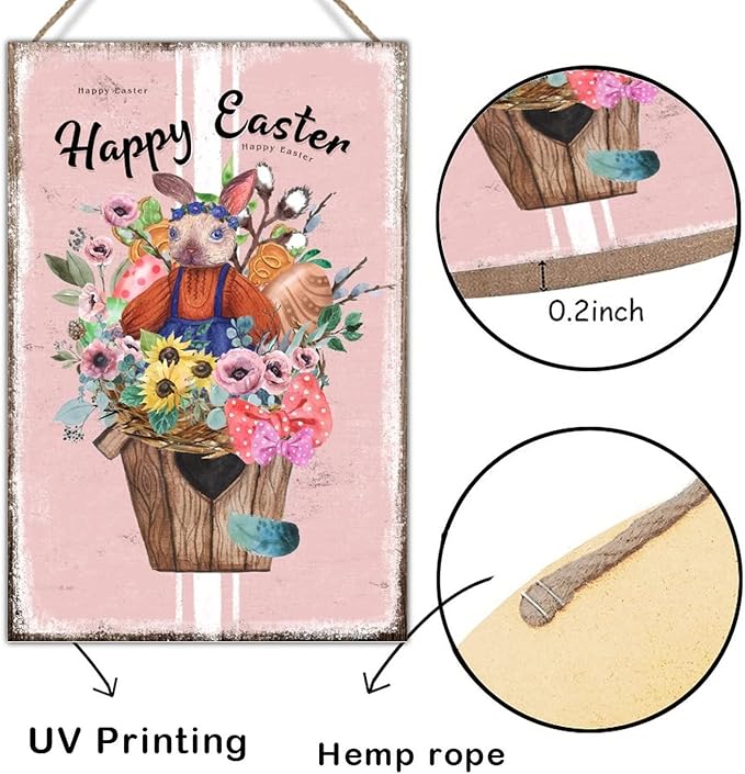 Wood Wall Decor Sign Happy Easter Flower Basket Bunny Sign French Style Floral Pink Stripes Wood Art Plaques Bunny Rabbit Happy Easter Wood Wall Art Sign for Bedroom 12x18in