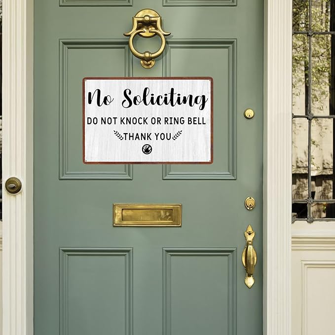 No Soliciting Sign for House, Front Door-Do Not Knock Or Ring Doorbell Sign for Office-Perfect Decorative Sign to Discourage Unwanted Visitors-Funny Metal Decor 12 X8 Inch