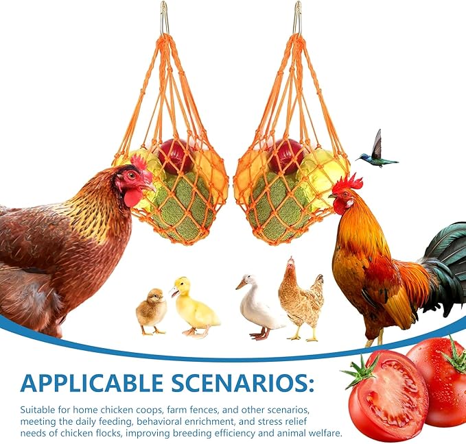 Chicken Vegetable String Bag, Hanging Feeder Toy Vegetable Rack with Hook for Chicken Cage, Poultry Fruit Rack, Cabbage Feeder 4 Sets