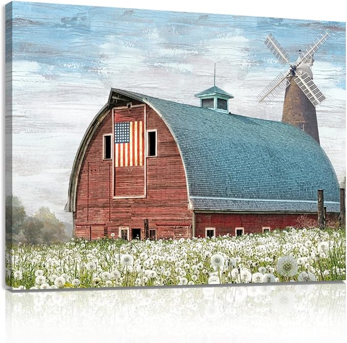 Woxfcart Rustic Red Barn Canvas Wall Art, Farmhouse Artwork with American Flag and Windmill Pictures for Bathroom Bedroom Wall Decoration, 15 x 12 Inch