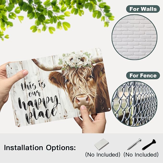 Farmhouse Metal Sign Highland Cow Tin Sign Wall Art This Is Our Happy Place Poster for Home Long Haired Scottish Cow with White Flower Picture Farmhouse Kitchen Decor Framed 12 * 8in
