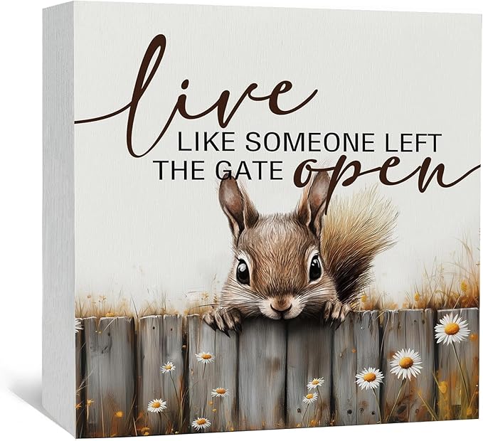 Squirrel Sign - Squirrel Gifts For Women, Live Like Someone Left The Gate Open Wooden Box Signs, Farmhouse Wood Decoration Home Decor For Desk Table Shelf 8x8 Inch Decorative Signs & Plaques