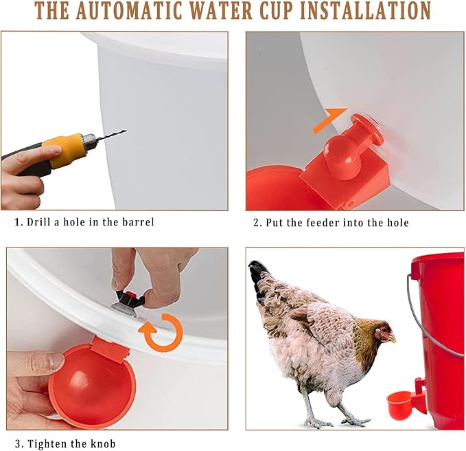 Chicken Feeder Waterproof and Chicken Waterer Cup, 6pcs No Waste Chicken Feeder for Buckets,Barrels,Bins, and 6pcs Chicken Water Cups for Chickens, Birds, Turkeys etc