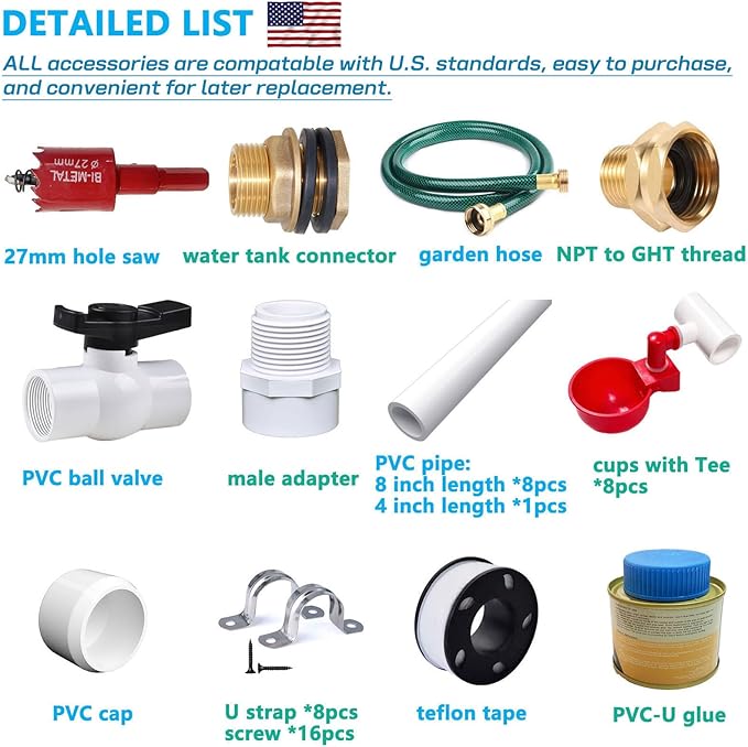 Automatic Chicken Watering System with 1/2" PVC Pipe & Hose Connector Kit, Leak-Proof and Easy-Assembly Chicken Drinker for Coops, Compatible with Water Tanks