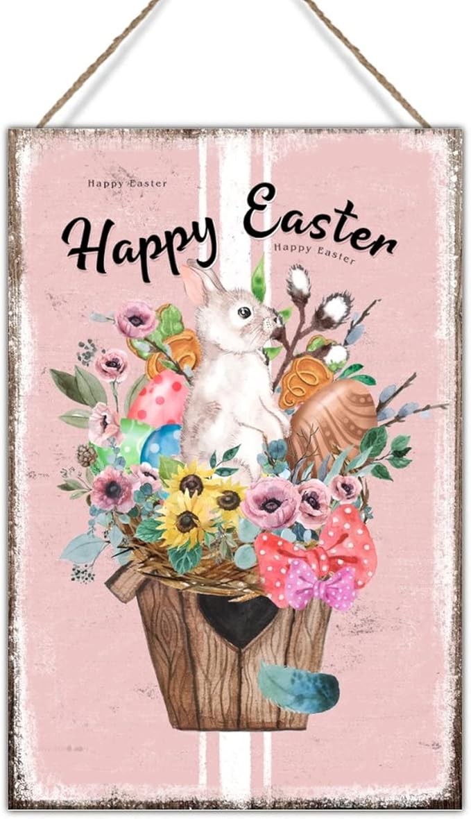 Wall Decor Wood Sign Happy Easter Flower Basket Bunny Sign French Style Floral Pink Stripes Signs Wood Decor Bunny Rabbit Happy Easter Wall Art Sign for Bedroom 8x12in