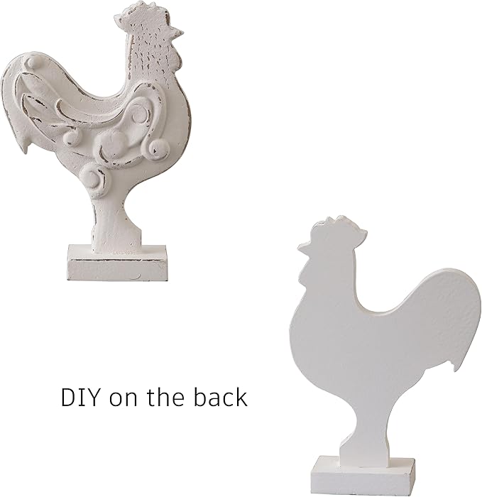 Rustic Small Chicken Statue Kitchen Decor 6 X 8 Inch, Handmade Distressed White Rooster Decor for Tabletop, Wooden Chicken Themed Gifts for Christmas Kitchen Mantel Dining Room Living Room