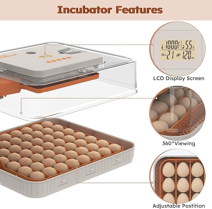 56 Egg Incubator with Automatic Turning & Humidity Control – Digital Poultry Hatcher for Chicken, Duck, and Goose Eggs – Built-in Egg Candler & Auto Water Refill, 360° Clear View