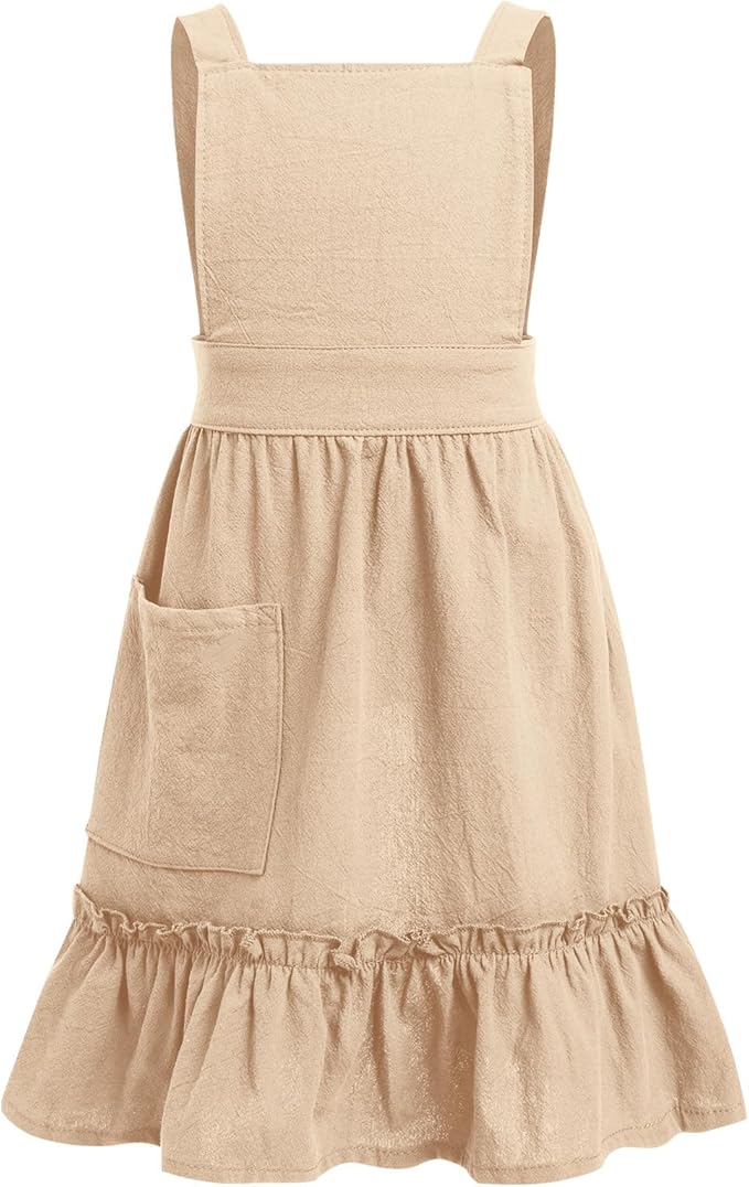 IWEMEK Kids Aprons for Girls Cooking Child Cotton Linen Apron Dress with Pockets Art Baking Gardening Painting Apron Pinafore