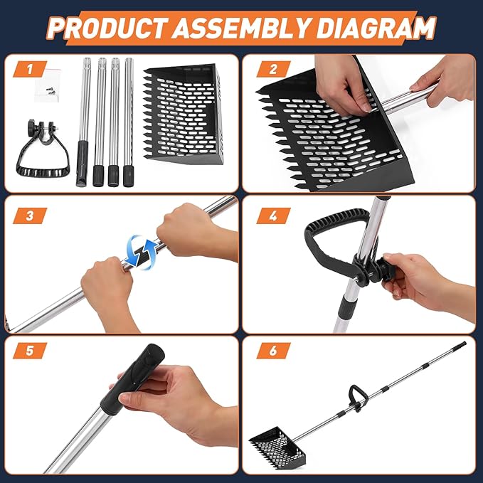 3-in-1 Chicken Poop Scooper & Sifting Shovel, 304 Stainless Steel Handle & Rake, Suitable for Sand, Chicken Coop & Livestock Farm Feces Cleaning, Litter Sifting Shovel (Feces Sifter), 35-62"