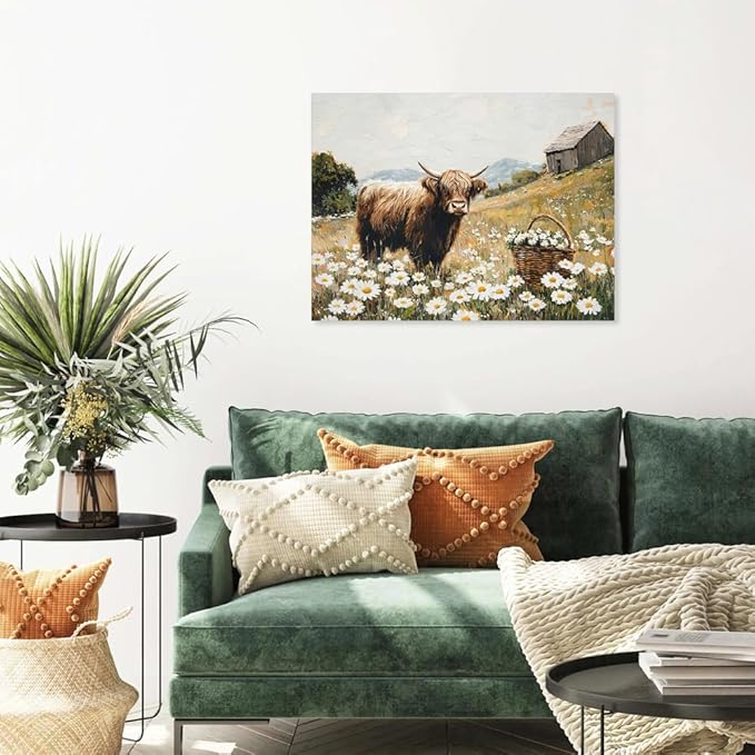 Yidepot Highland Cow Canvas Wall Art: White Flowers Farmhouse Artwork, Cow Pictures Bedroom Decor Ready to Hang 24x32inch