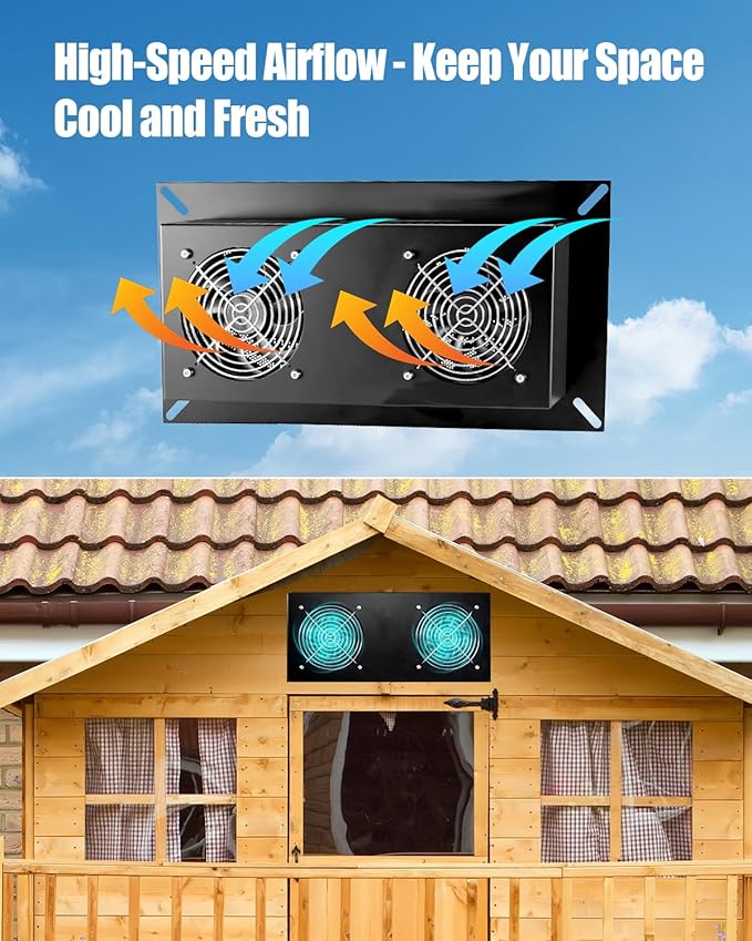 20W Solar Ventilation Fan for Chicken Coops Greenhouses Sheds Pet Houses, Outdoor Dual Fan with Metal Housing, Waterproof Solar Powered Exhaust Fan, Plug and Play