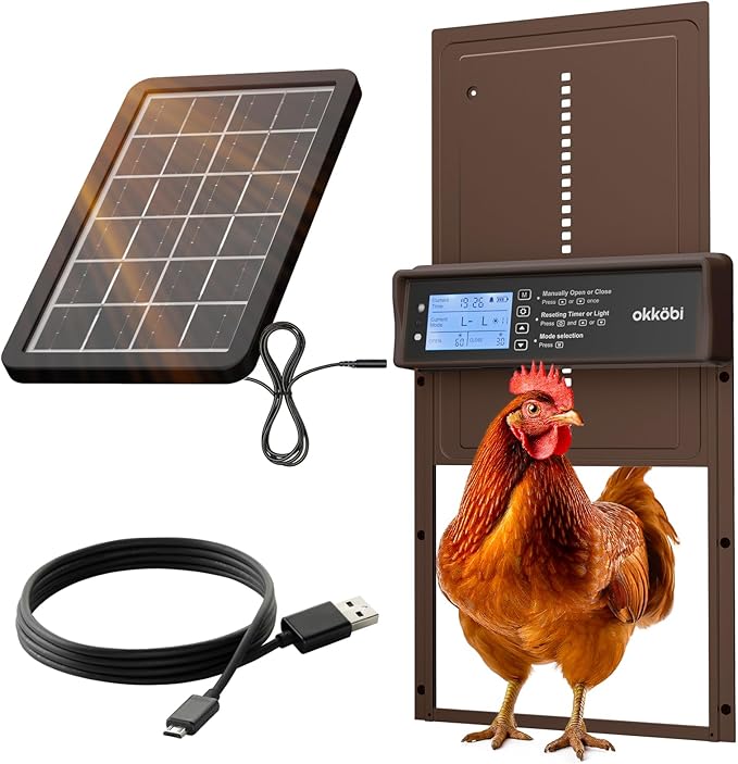 Okkobi Automatic Chicken Coop Door Solar Powered - LCD Display - Light Sensor & Timer - Security & Peace of Mind: Anti-Pinch Function - 5-Year Protection - Dark Brown