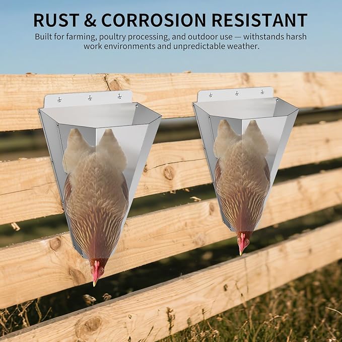 Medium Chicken Kill Cone for Butchering 2 Pack, Stainless Steel Killing Cones with 2 Pairs of Safety Gloves, Flat-Back Design, for Chickens, Ducks, Turkeys & Poultry up to 8 lbs (Silver)