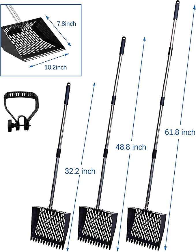 Chicken Poop Scooper and Rake 2-in-1, Metal Chicken Coop Scoop - 32 to 62" Adjustable Handle Sand Sifting Shovel Cleaning for Chicken Coops Animal Pens, Reinforced Joint
