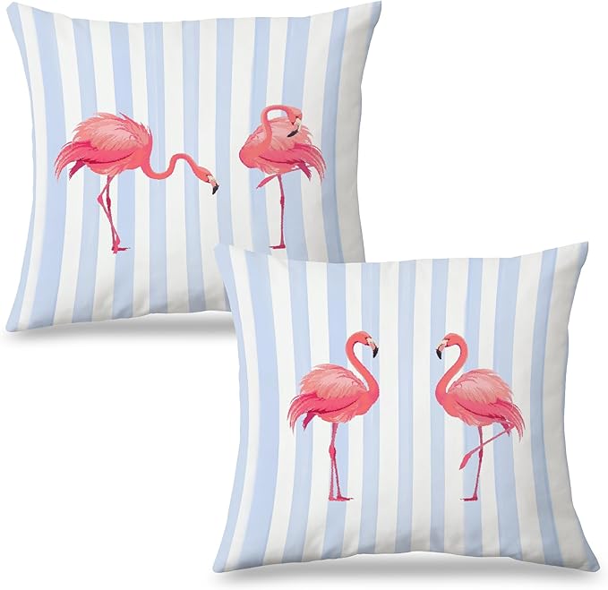 Flamingo Pillow Covers for Women 18x18 Set of 2, Blue and White Striped Throw Pillow Cases for Home Bedroom Living Room Decor, Gifts for Bird Lovers Decorative
