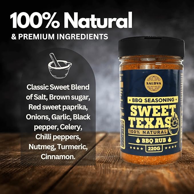 Sweet Texas BBQ Rub - 100% Natural Seasoning - Delightful Sweet Seasoning with Authentic Texas Kick for Amazing BBQ and Grill Dishes- Large Jar (220g)