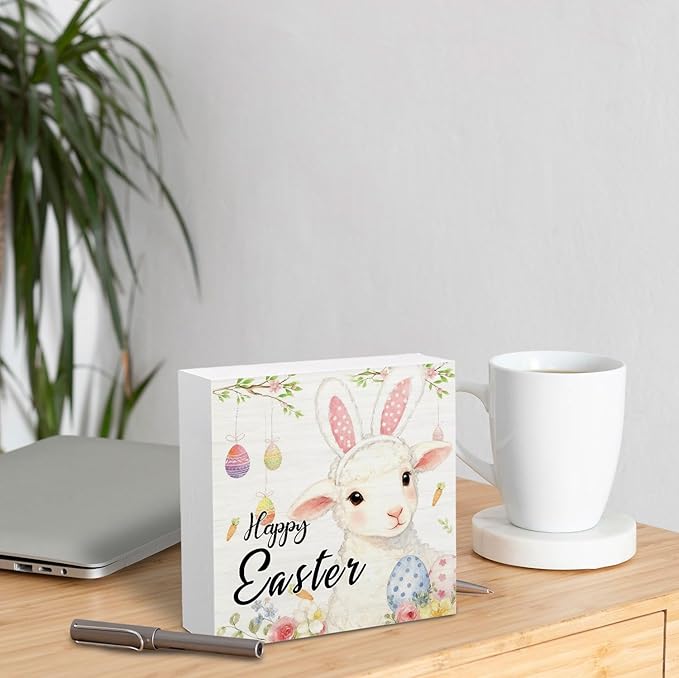 Happy Easter Sheep Wooden Box Sign Desk Decor, Easter Lamb Decor, Spring Floral Egg Sheep Wood Signs for Bedroom Home Office Desk Table Shelf Decorations, 5x5 Inch