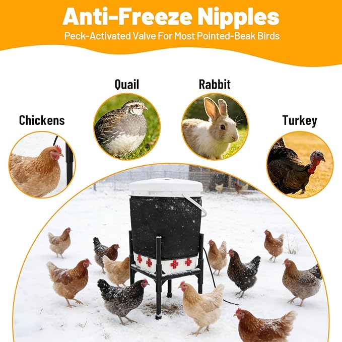 Heated Chicken Waterer 5 Gallon with Stand – 20L Chicken Heated Poultry Waterer, 8 Freeze-Proof Nipples with 4 Extras, Chicken Water Heater for Winter, Easy Clean Anti-Tip Design