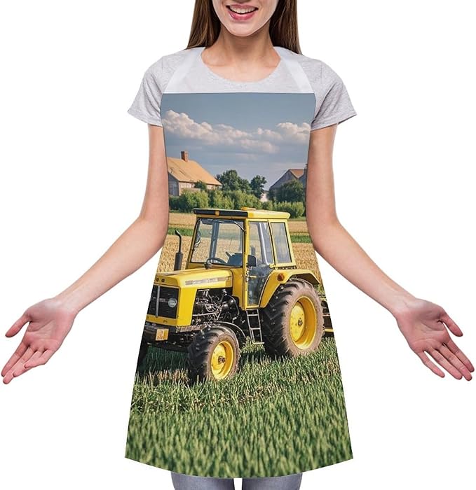 Adult Tractor Farm Apron Waterproof Apron with Large Pocket Adjustable Neck Strap Kitchen Bib Work Aprons Long Ties Cooking Baking Gardening Painting for Women Men