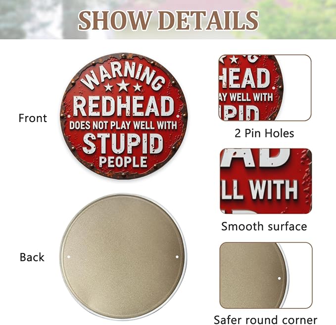 Warning Red Head Does Not Play Well With Stupid People Round Metal Signs,Funny Sarcastic Sign Wall Decor Man Cave Bar,Office,Cafe,Garage Tin Sign 8x8 Inches