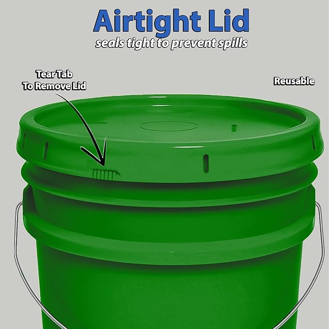 1-Gallon Bucket with Airtight Lid – Made in USA, Food Grade BPA Free Plastic, Heavy Duty Multi-Use, Metal Handle with Grip, Stackable Storage – Green, 2 Pack