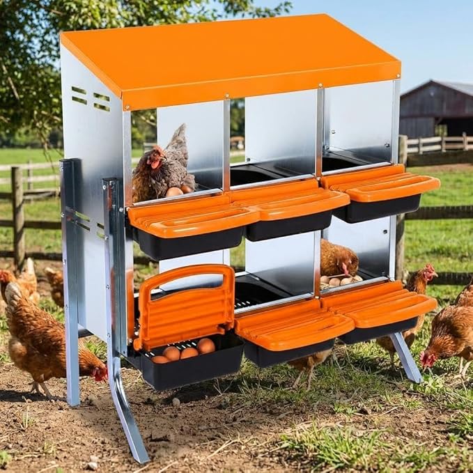 Chicken Nesting Box 6-Hole Roll Away Egg Laying Box with Lid & Stand, Galvanized Steel Rustproof Poultry Coop Box, Easy Clean, Wall Mountable No Bracket Needed for Hens, Orange