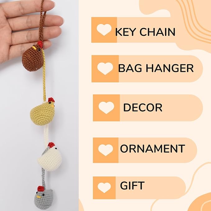 Handmade Crochet Chicken Keychain Set of 4 – Chicken Christmas Ornaments, Funny Stuffed Animal Bag Charm, Car Mirror Ornament, Cute Farmhouse Decor, Gift for Chicken Lovers, Valentine Gifts