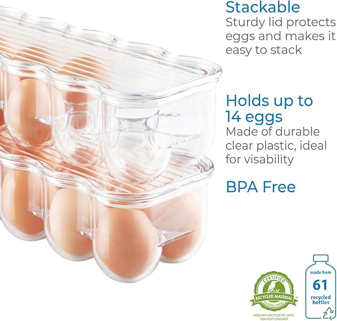 iDesign Plastic Egg Holder for Refrigerator with Handle and Lid, Fridge Storage Organizer for Kitchen, Holds up to 14, 4.25" x 14.5" x 3", Clear