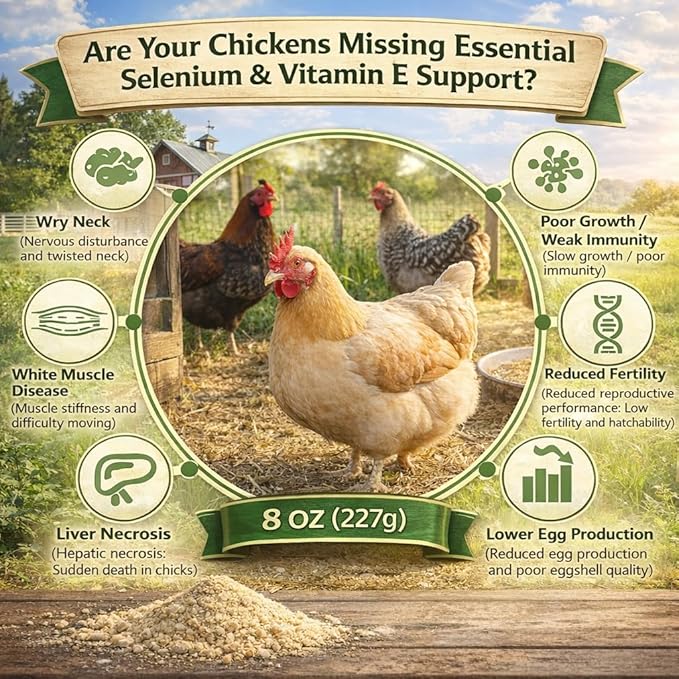 8 oz (227 g) Selenium & Vitamin E Powder for Chickens, Selenium Supplement for Chickens, Supports Immune & Muscle Health, Suitable for All Poultry