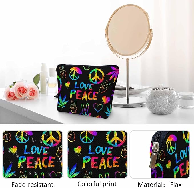 Makeup Bag For Purse Peace Love Symbol, Hippie Peace Love Sign Cosmetic Bags For Women With Zipper Travel Toiletry Pouch Makeup Bags Makeup Organizers Purse For Toiletries Cosmetics