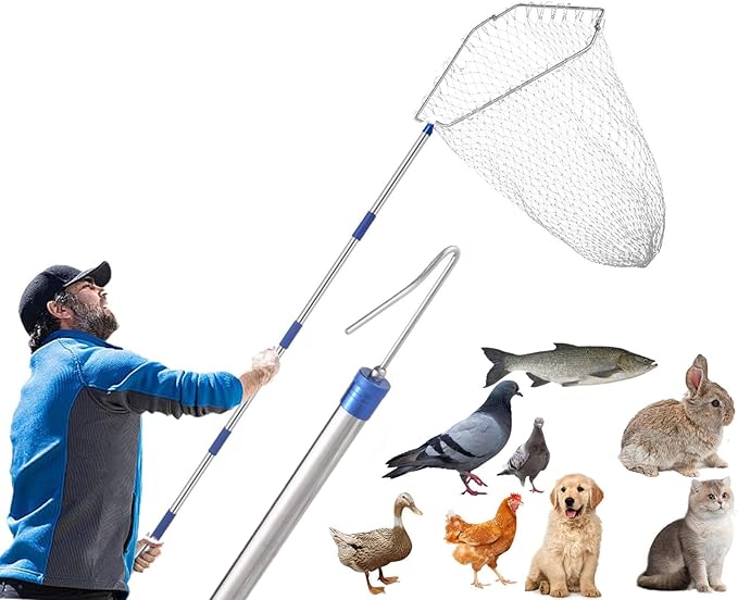 Chicken Catching Net ,Chicken Catcher Leg Hook , Extendable from 33" to 75.5" Made of Stainless Steel TubeSuitable for Catching Small Duck,Goose,Bird, Skunk Bat and Fishnet etc,（15.3 x 23.2 Inch Net）