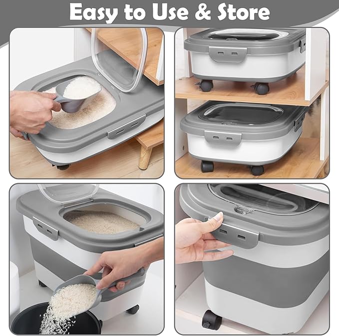 Dog Food Storage Container, 20Lbs Rice Storage Container Dispenser, Airtight Large Pet Cat Food Bin with Wheels, Scoop & Measuring Cup, Collapsible Kitchen Dry Food Holder for Four Sugar Cereal Kibble