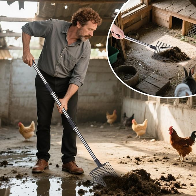 PUPTECK 3-in-1 Chicken Poop Scooper - Adjustable Long Handle Poop Scooper with Deep Shovel, Detachable Heavy Duty Shovel Multifunctional Chicken Cleaning Tool Coop Accessories(20"-40")