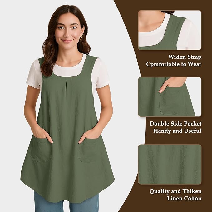 Apron for Women with Pocket Cotton Linen, Japanese Cross Back Apron for Gardening Painting