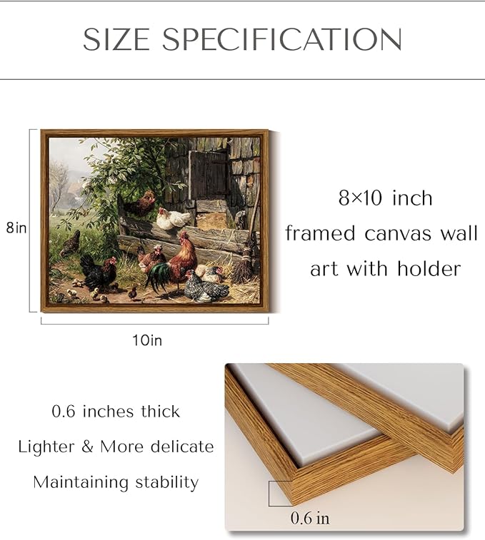 InSimSea Framed Canvas Wall Art - Funny Running Chicken & Chicken Coop - Rustic Farmhouse Painting - Country Wall Prints - Bedroom & Living Room - 8x10in