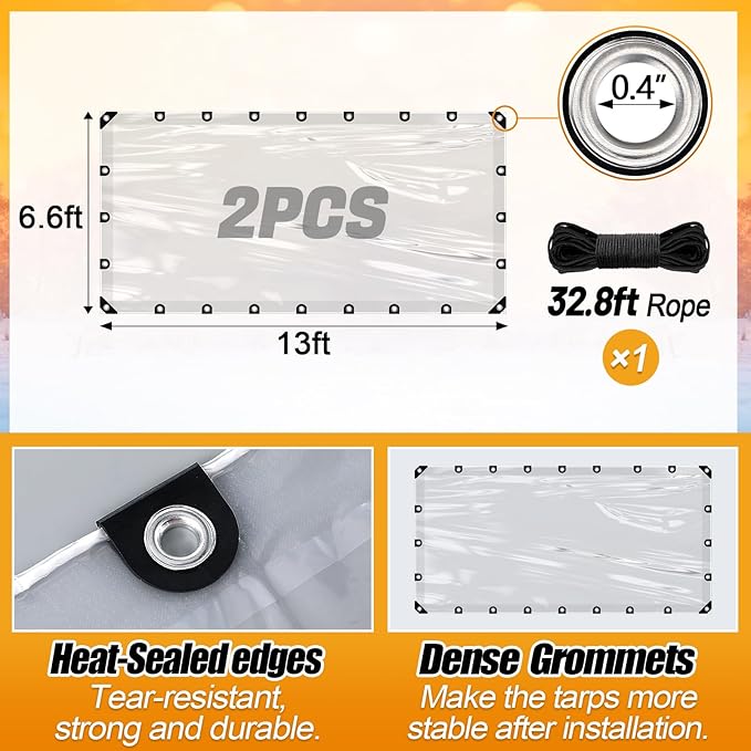 6.6x13ft Anti-Tear Clear Tarp Waterproof - 2pcs Windproof Poly Tarpaulin, Heavy Duty Transparent Enclosure with Grommets for Covering Chicken Coops Greenhouse Garden Plants