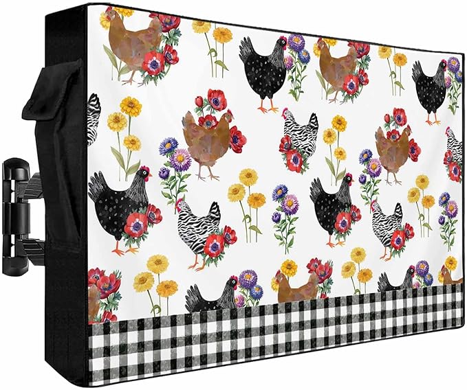 Waterproof Outdoor TV Cover 70 to 75 Inch, Farm Chicken Flower Outside Flat Screen Televisions Weatherproof Cover Size 68"L x 42"H, White Black Plaid TV Protector With Zipper
