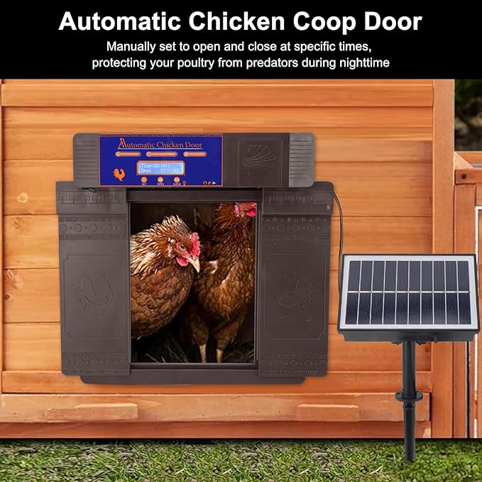 Automatic Chicken Coop Door Opener with Timer, Solar Battery Powered LED Display Double Door Electric Chicken Door for Chickens Ducks Geese, IP45 (Dark Brown)