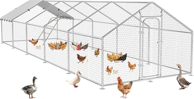 Large Metal Chicken Coop with Perch, Chicken Run Pen Walk-in Poultry Cage,Waterproof & Anti-Ultraviolet Cover for Outdoor Farm,Spire Roof(32.8" W x 9.8" L x 6.4" H)