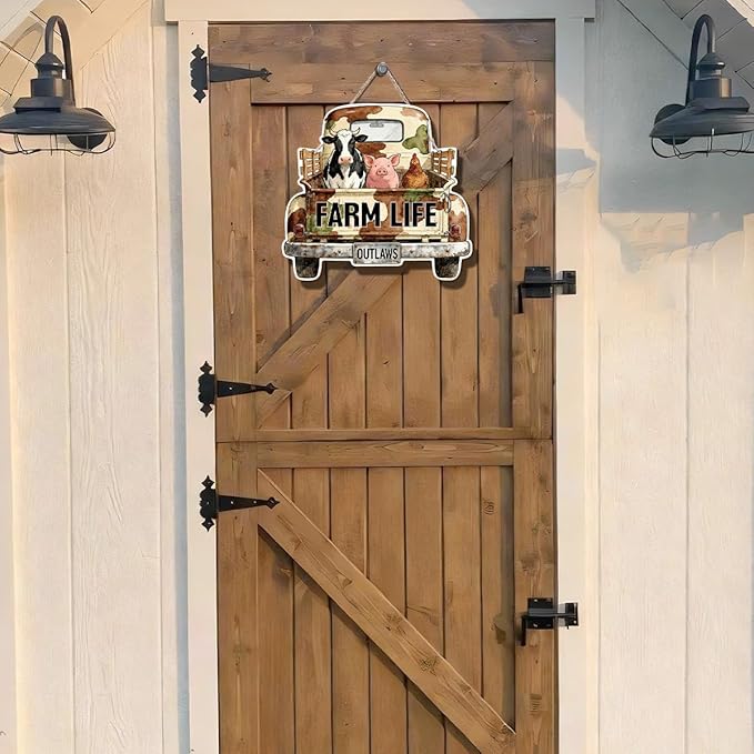 Farmhouse Wall Decor, Farm Life Truck Sign with Cow Pig Chicken, Rustic Wood Hanging Plaque, Watercolor Farm Animal Wall Art Painting Style, Country Home Door or Wall Sign, 10.4x9.8 Inches