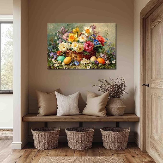 MNFGMH Easter Pictures Wall Decor Flower Baskets and Easter Eggs Spring Botanical Canvas Art Easter Pictures for Wall Farmhouse Style Artwork Wooden Frame 16x24 inch