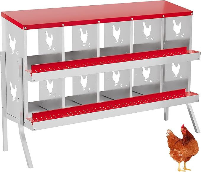 Chicken Nesting Box,10 Compartments Galvanized Steel Metal Chicken Laying Box with Roll Out Egg Collection,Wall Mount Chicken Nesting Boxes,Easy Egg Collection, Hen Roosting Boxes