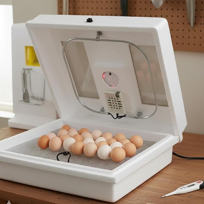Farm Innovators 2100 Heated Still Air Incubator for 4 Dozen Eggs with Built in Hygrometer, Solid State Circuitry, and 2 Large Viewing Windows, White