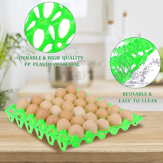6-Pack Plastic Egg Tray Egg Crates 30-Egg Flats for Home Chicken Farmers, Stackable Egg Cartons Hold Multiple Eggs, Great for Storing, Sorting, and Shipping Eggs, Durable and Reusable (Green)