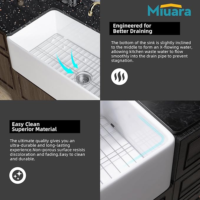 Miuara Farmhouse Sink 36 Inch - Extra Large Apron Front Kitchen Sink Reversible 36"x18"x10", Undermount Installation, Farm House ﻿Style Single Bowl, Solid Fireclay, Glossy White, for Kitchen