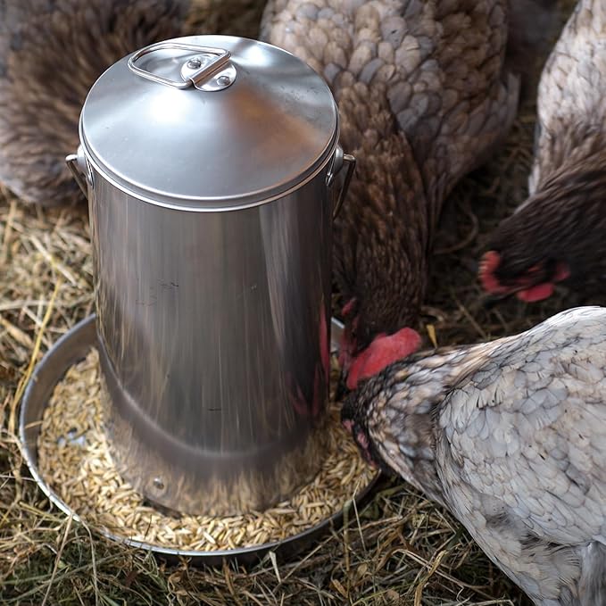Plexon 8.8 Lb Stainless Steel Hanging Chicken Feeder no Waste Food-Grade - Duck Turkey Poultry Feeder for Chicken Metal - Heavy Duty Reliable Long-Lasting with Handle