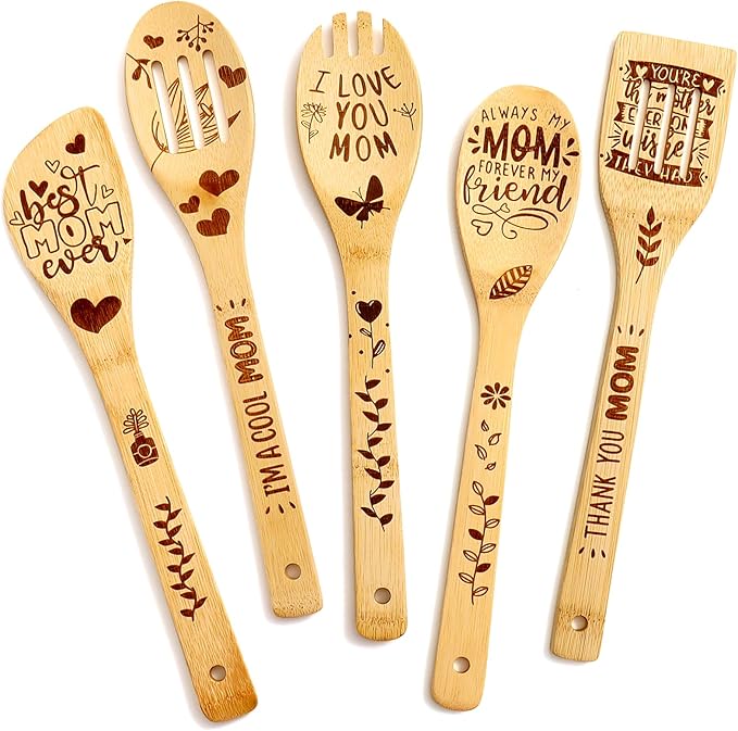 Wooden Birthday Gifts for Mom - Cooking Spoon,Mom Gifts from Daughters I Love You Mom,Engraved Bamboo Kitchen Cooking Utensils Set Gifts, Gift for Mom from Daughter, Son, Mothers Day for Mom