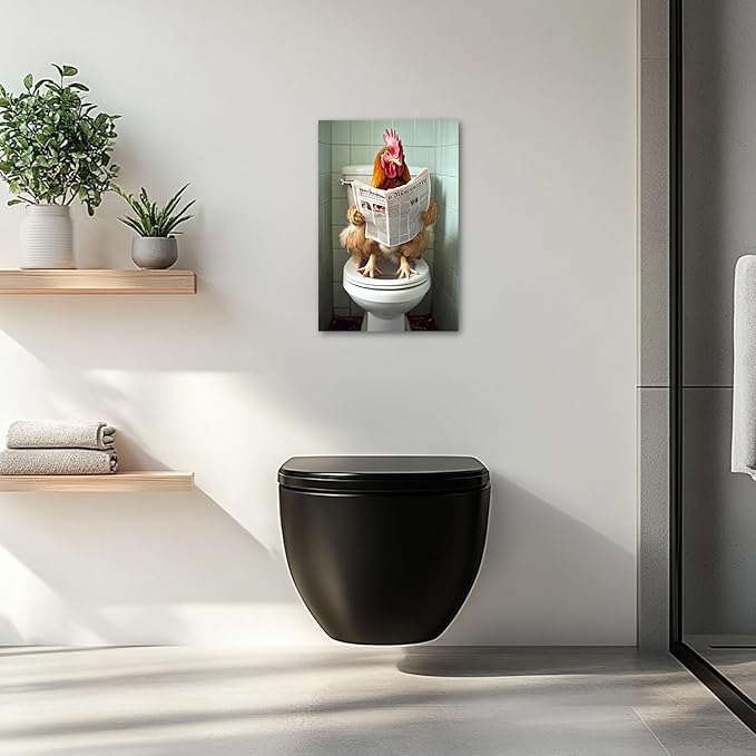 AWPANERAR Rooster Bathroom Wall Art Funny Chicken on Toilet Painting Rustic Farmhouse Animals Reading Newspaper Picture for Restroom Decor Framed (24L x 16W)