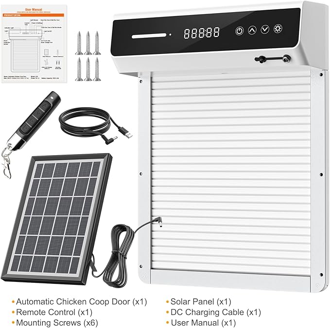 Automatic Chicken Coop Door Solar, Battery Powered & Weatherproof Aluminum, Timer Modes for Safe and Convenient Chicken, Easy Install, Reliable All-Season Performance (White)